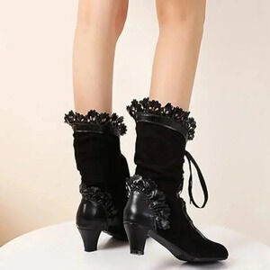 Mid Calf Women boots Mid Heels Lace Up Victorian style black boots
